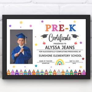 Bearbeitbares Pre-k-Zertifikat mit Foto druckbarer Canva-Vorlage, Abschlussdiplom am Ende des Schuljahres, personalisiertes Schulschild, PreK-Note