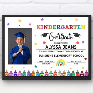 Bearbeitbares Kindergarten-Zertifikat mit Foto druckbarer Canva-Vorlage, Abschlussdiplom am Ende des Schuljahres, personalisiertes Schulschild