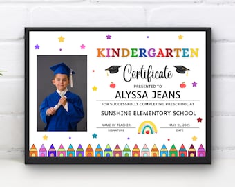 Editable Kindergarten Graduation Certificate: Photo Keepsake Canva Template (Printable PDF Download)
