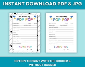 All About My Pop Pop Printable: Father's Day Fill-In Card (Digital Download)