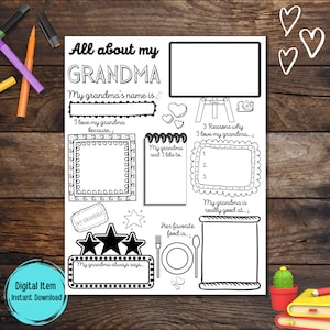 All About Grandma Printable Fill in Template, Christmas Gifts Ideas for Kids, All About My Grandpa and Grandma Interview Questionnaire