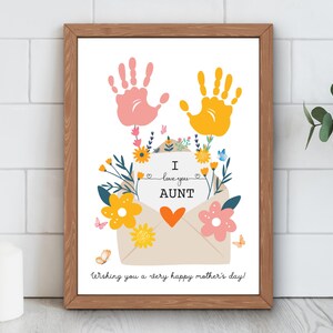Carta imprimible con huella de mano para el Día de la Madre / "Amo a mi tía" / Manualidad con huella de mano de flores para el Día de la Madre / Regalo de cumpleaños para tía / Descarga instantánea