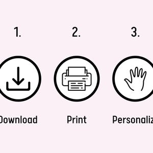 Pode incluir: Tr&ecirc;s etapas para personalizar um design imprim&iacute;vel: baixar, imprimir e personalizar. Os &iacute;cones mostram uma seta de download, uma impressora e uma m&atilde;o.