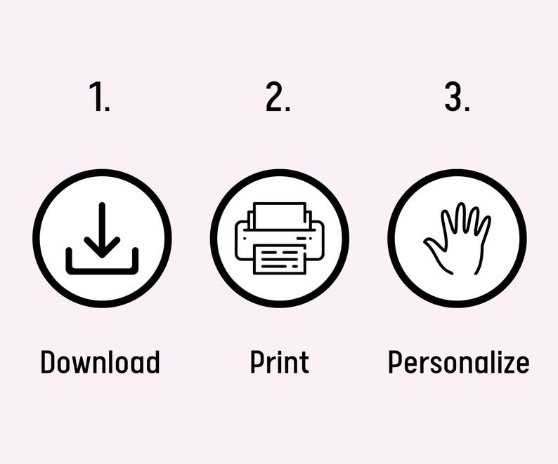 Pode incluir: Tr&ecirc;s etapas para personalizar um design imprim&iacute;vel: baixar, imprimir e personalizar. Os &iacute;cones mostram uma seta de download, uma impressora e uma m&atilde;o.