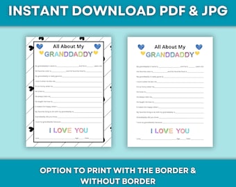 Op de afbeelding: Twee afdrukbare PDF- en JPG-bestanden met de tekst "All About My Granddaddy". De pagina's hebben invulsecties over een grootvader. De tekst "I Love You" staat onderaan. De bovenste tekst luidt "Instant Download PDF & JPG".