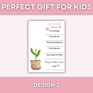 Pode incluir: Cart&atilde;o do Dia das M&atilde;es para imprimir com uma ilustra&ccedil;&atilde;o de planta e espa&ccedil;os em branco para as crian&ccedil;as escreverem por que amam sua m&atilde;e. O cart&atilde;o diz "Eu te amo porque..." e inclui o texto "Feliz Dia das M&atilde;es".