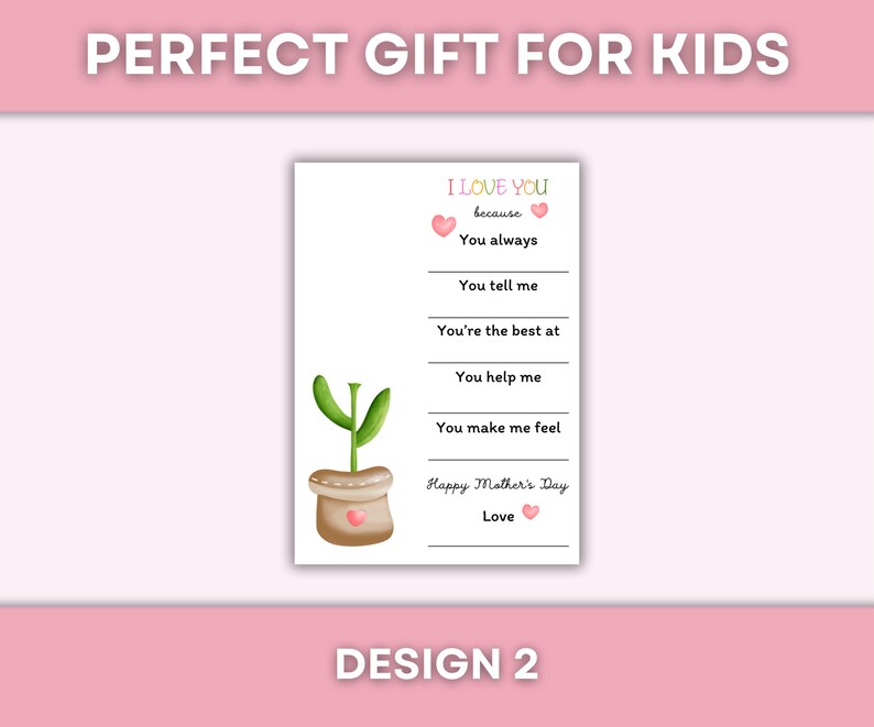 Pode incluir: Cart&atilde;o do Dia das M&atilde;es para imprimir com uma ilustra&ccedil;&atilde;o de planta e espa&ccedil;os em branco para as crian&ccedil;as escreverem por que amam sua m&atilde;e. O cart&atilde;o diz "Eu te amo porque..." e inclui o texto "Feliz Dia das M&atilde;es".