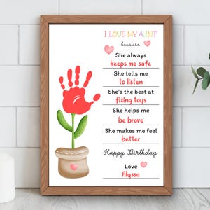 Arte de impressão de mão de feliz aniversário para imprimir | Eu amo minha tia porque | Artesanato de impressão de mão de flor de aniversário | Presente de aniversário faça você mesmo | Presente de aniversário da tia