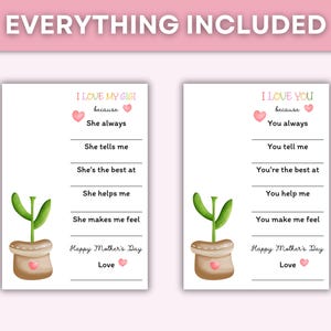 Pode incluir: Dois cart&otilde;es imprim&iacute;veis para o Dia das M&atilde;es com uma planta verde em um vaso marrom. Os cart&otilde;es t&ecirc;m linhas para completar para escrever as raz&otilde;es pelas quais voc&ecirc; ama sua m&atilde;e ou av&oacute;. O texto nos cart&otilde;es diz "Amo minha Gigi porque..." e "Eu te amo porque..."