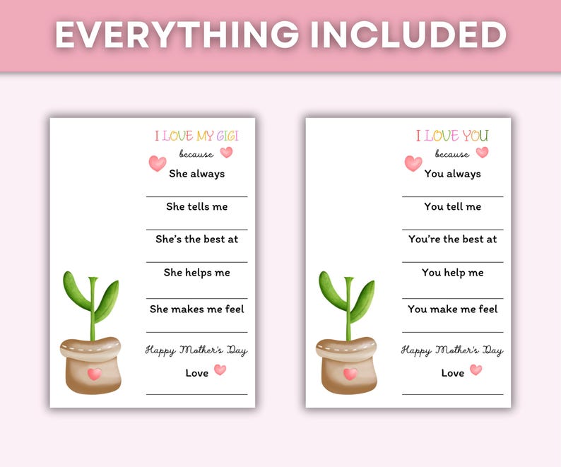 Pode incluir: Dois cart&otilde;es imprim&iacute;veis para o Dia das M&atilde;es com uma planta verde em um vaso marrom. Os cart&otilde;es t&ecirc;m linhas para completar para escrever as raz&otilde;es pelas quais voc&ecirc; ama sua m&atilde;e ou av&oacute;. O texto nos cart&otilde;es diz "Amo minha Gigi porque..." e "Eu te amo porque..."