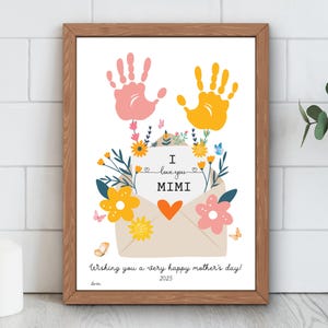 Carta imprimible con huella de mano para el Día de la Madre / Te amo, mi Mimi / Manualidad con huella de mano de flores para el Día de la Madre / Regalo de cumpleaños para Mimi / Descarga instantánea
