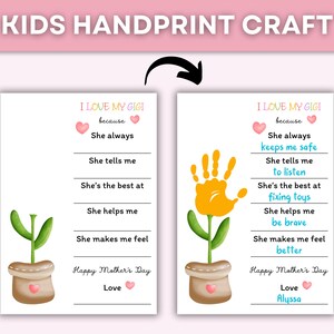 Pode incluir: Artesanato imprim&iacute;vel para crian&ccedil;as fazerem um cart&atilde;o com impress&atilde;o digital para sua Gigi. O cart&atilde;o apresenta uma flor com uma impress&atilde;o digital como flor e diz "Eu amo minha Gigi porque..." com linhas para completar. O cart&atilde;o tamb&eacute;m diz "Feliz Dia das M&atilde;es" e tem um espa&ccedil;o para uma assinatura.