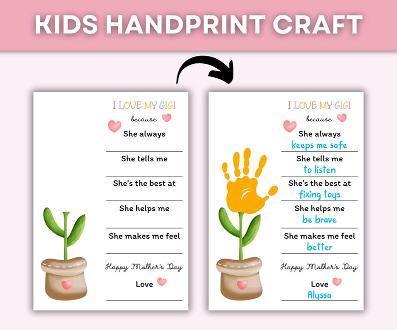 Pode incluir: Artesanato imprim&iacute;vel para crian&ccedil;as fazerem um cart&atilde;o com impress&atilde;o digital para sua Gigi. O cart&atilde;o apresenta uma flor com uma impress&atilde;o digital como flor e diz "Eu amo minha Gigi porque..." com linhas para completar. O cart&atilde;o tamb&eacute;m diz "Feliz Dia das M&atilde;es" e tem um espa&ccedil;o para uma assinatura.