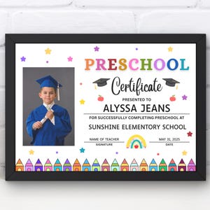 Bearbeitbares Vorschulzertifikat mit Foto-druckbarer Canva-Vorlage, Abschlussdiplom am Ende des Schuljahres, personalisiertes Schulschild