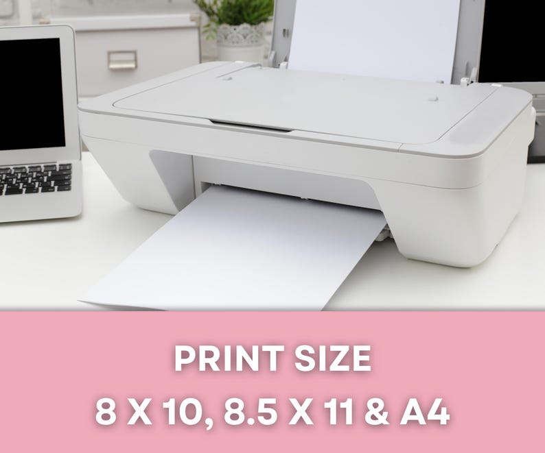Pode incluir: Uma impressora branca com uma folha de papel na bandeja. O texto na imagem diz "PRINT SIZE 8 X 10, 8.5 X 11 & A4".