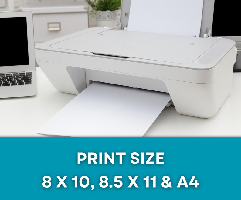 Op de afbeelding: Een witte inkjetprinter met een vel papier dat uit de uitvoerlade komt. De tekst "PRINT SIZE" staat onder de printer, gevolgd door "8 X 10, 8.5 X 11 & A4". Een laptop is links zichtbaar.