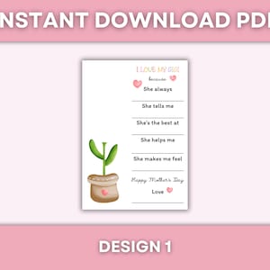 Pode incluir: Cart&atilde;o do Dia das M&atilde;es imprim&iacute;vel com uma planta em um vaso e o texto "Amo minha Gigi porque..." com linhas em branco para completar as raz&otilde;es pelas quais a pessoa ama sua Gigi. O cart&atilde;o tamb&eacute;m diz "Feliz Dia das M&atilde;es" e "Amor".