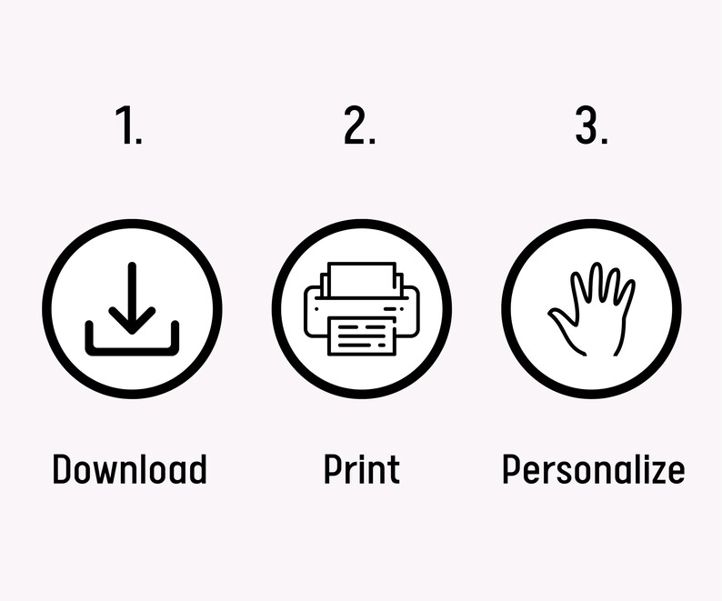 Op de afbeelding: Afbeelding met drie zwarte cirkelvormige pictogrammen en tekst. Het eerste pictogram toont een pijl naar beneden, met het label "Download". De tweede toont een printer, met het label "Print". De derde is een hand, met het label "Personaliseren".