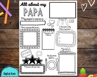 Plantilla para completar "Todo sobre mi papá", tarjeta de entrevista para el Día del Padre (PDF, PNG)