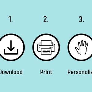 May include: An image with three circular icons on a light blue background. The first icon shows a downward arrow with the word "Download" below it. The second icon depicts a printer with the word "Print". The third icon is a hand with the word "Personalize".