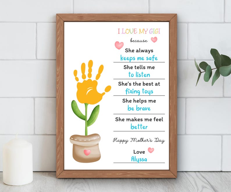 Pode incluir: Um cart&atilde;o imprim&iacute;vel com um design de flor de impress&atilde;o digital. O cart&atilde;o diz "Eu amo minha Gigi porque..." e lista as raz&otilde;es pelas quais a pessoa ama sua Gigi. O cart&atilde;o tamb&eacute;m diz "Feliz Dia das M&atilde;es" e &eacute; assinado "Com amor, Alyssa".