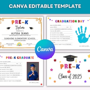 Editable Pre-K Diploma, PreK Certificate Canva Template, Last Day of Preschool, Pre-K Graduation Diploma, Preschool Graduation Certificate