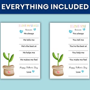 Puede incluir: Dos tarjetas blancas con texto e ilustraciones. Una dice "I Love My Uncle" y la otra "I Love You". Cada tarjeta tiene una ilustraci&oacute;n de una planta en maceta y l&iacute;neas para rellenar. El texto incluye "Happy Father's Day" y "Love".