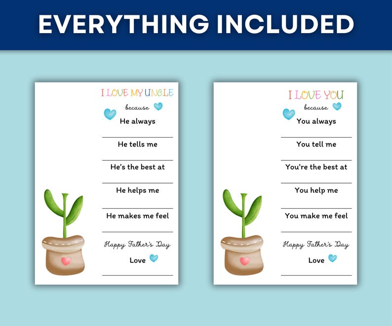 Puede incluir: Dos tarjetas blancas con texto e ilustraciones. Una dice "I Love My Uncle" y la otra "I Love You". Cada tarjeta tiene una ilustraci&oacute;n de una planta en maceta y l&iacute;neas para rellenar. El texto incluye "Happy Father's Day" y "Love".