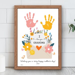 Carta del Día de la Madre con huella de mano imprimible "Amo a mi abuela", manualidad de flores para el Día de la Madre, regalo de cumpleaños para la abuela, descarga instantánea