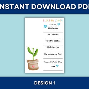Puede incluir: Un PDF imprimible con el texto "I Love My Uncle" y preguntas para completar. El dise&ntilde;o incluye una ilustraci&oacute;n de acuarela de un cactus en maceta con un coraz&oacute;n. Tambi&eacute;n se incluyen las palabras "Happy Father's Day" y "Love".