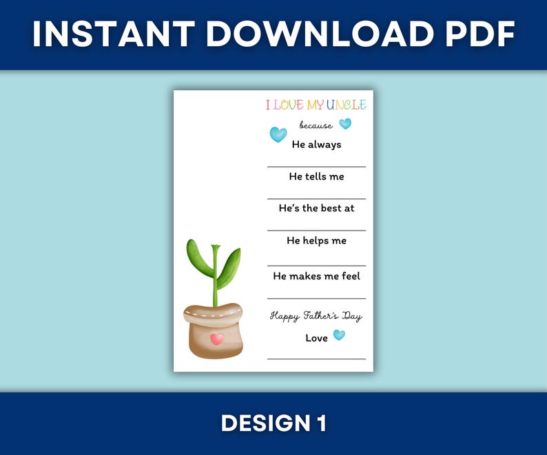 Puede incluir: Un PDF imprimible con el texto "I Love My Uncle" y preguntas para completar. El dise&ntilde;o incluye una ilustraci&oacute;n de acuarela de un cactus en maceta con un coraz&oacute;n. Tambi&eacute;n se incluyen las palabras "Happy Father's Day" y "Love".