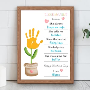 Muttertag Handabdruck Printable | Ich liebe meine Tante, weil | Muttertag Blumen Handabdruck Handwerk | DIY Muttertagsgeschenk | Tante Geburtstagsgeschenk