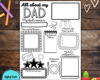 All About Dad Printable Fill in Template, Fathers Day Gifts Ideas for Kids. All About My Daddy Dada Daddy Interview Questionnaire
