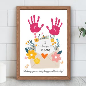 Carta imprimible con huella de mano para el Día de la Madre / "Amo a mi mamá" / Manualidad con huella de mano de flores para el Día de la Madre / Regalo DIY para el Día de la Madre / Descarga digital