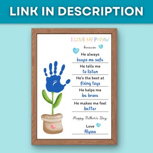 May include: A framed print with the text "I LOVE MY PAPAW" and a blue handprint flower. The print includes phrases like "He always keeps me safe" and "Happy Father's Day." The print is signed "Love Alyssa."