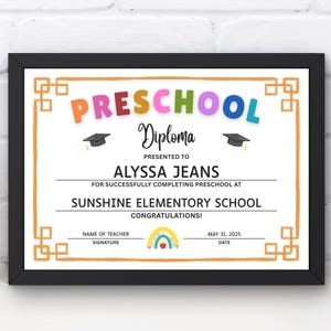 Editable Preschool Diploma, Preschool Certificate Canva Template, Last Day of Preschool, Graduation Diploma, Pre-K Graduation Certificate