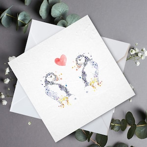 Twee verliefde papegaaiduiker aquarel lege wenskaart - handgemaakt, op de natuur geïnspireerd, vogelliefhebbers, kunstenaar, ik hou van je, vierkante kaart voor elke gelegenheid