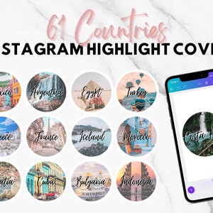 May include: A set of 12 Instagram highlight covers featuring images of various countries, including Mexico, Argentina, Egypt, Turkey, Greece, France, Iceland, Morocco, Croatia, Cuba, Bulgaria, and Indonesia. The covers are designed in a circular shape with a white border and a background image of the country.