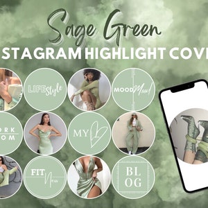 50 couvertures de faits saillants de l'histoire Instagram vert sauge | Icônes Instagram | Faits saillants esthétiques IG | Modèles de surbrillance Canva modifiables | Toile |