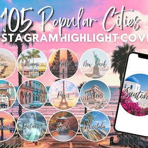105 città popolari Copertine evidenziate per storie di Instagram / Icone evidenziate di Instagram / Icone IG vacanze / Stile di vita di viaggio / Modello Canva /