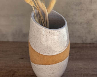 Retro Abstract Ceramic Vase, Speckled Buff Clay with White Glaze