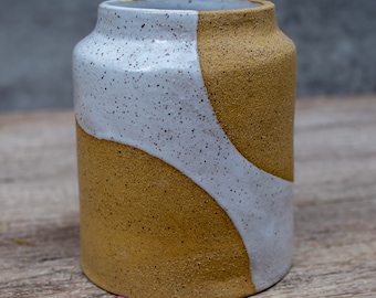 Retro Abstract Ceramic Vase, Speckled Buff Clay with White Glaze