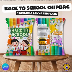 Op de afbeelding: Een sjabloon voor een chipzak met het thema "Terug naar school". Het ontwerp bevat kleurrijke potloden, schoolkinderen en de tekst "Back to School". De zak bevat ook een voedingswaardelabel en een illustratie van een schoolbus.