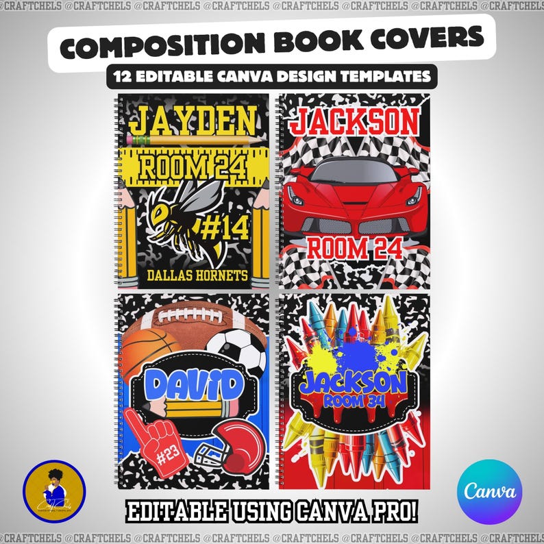 12 Composition Book Cover Designs 6 Girl + 6 Boy Canva Editable