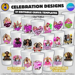 Styrofoam Cup Sticker Template | Set of 21 Celebration Canva Templates | Shirts, Cups, Buttons Design Bundle | Multipurpose Designs