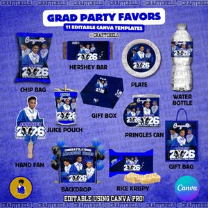 Blue Graduation Party Favor Canva Template Bundle | 11 Editable Templates | Chip Bag, Juice Pouch, Candy Wrapper, Gift Bag image 2
