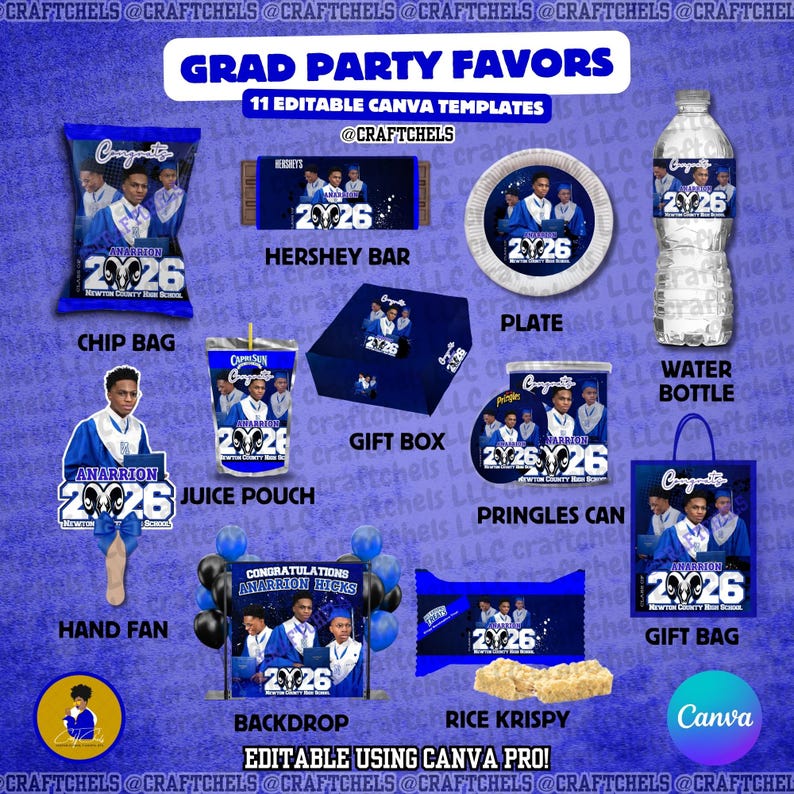 Blue Graduation Party Favor Canva Template Bundle | 11 Editable Templates | Chip Bag, Juice Pouch, Candy Wrapper, Gift Bag image 2
