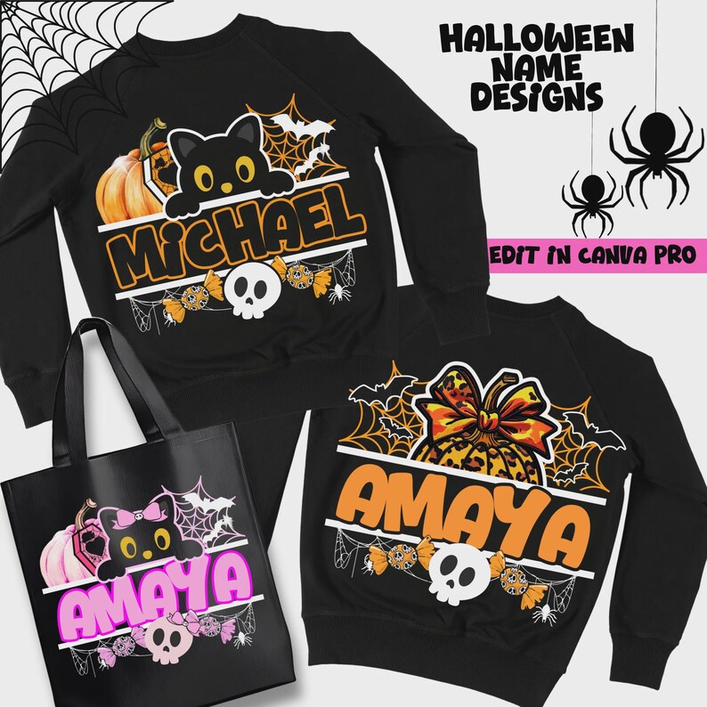 Halloween-tröjadesign | Halloween-namndesign | Halloween-mångsidigt namndesignpaket | Set med 15 anpassningsbara Canva-mallar bild 10