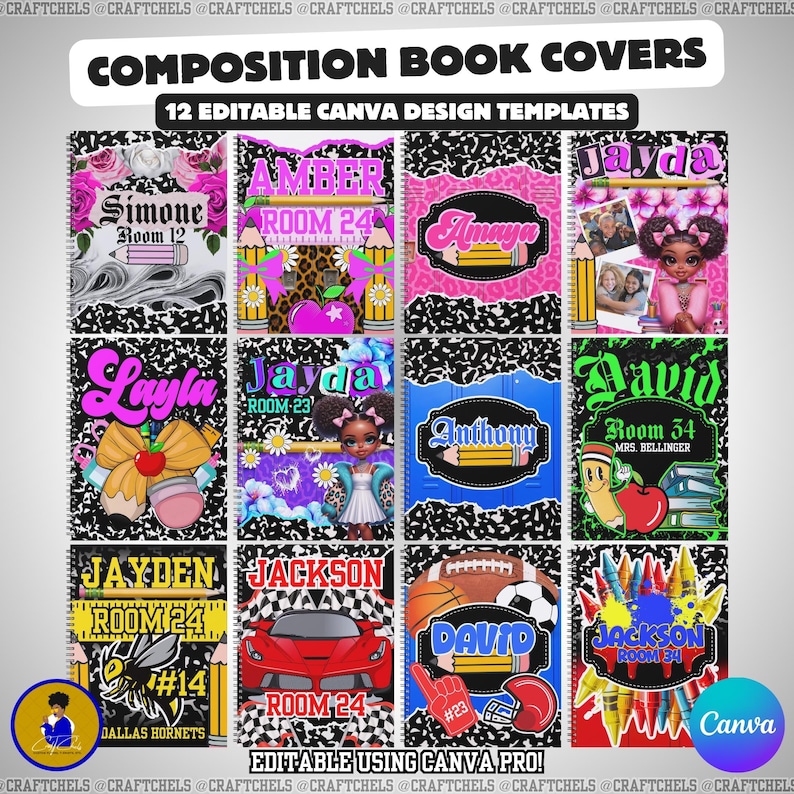 12 Composition Book Cover Designs | 6 Girl + 6 Boy | Canva Editable ...