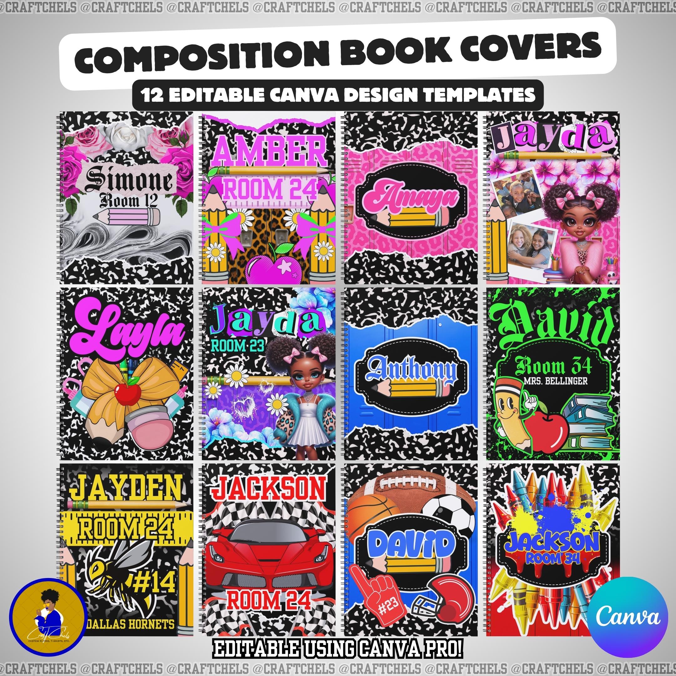 12 Composition Book Cover Designs | 6 Girl + 6 Boy | Canva Editable Templates | Back to School | Customizable Printable Notebook Covers